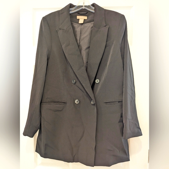 H&M Double-breasted oversized Long straight relaxed fit black Blazer jacket sz S - Picture 1 of 9